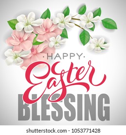 Happy Easter blessing greeting card design with blooming twig. Calligraphic inscription can be used for greeting cards, postcards, posters.