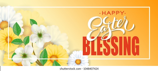 Happy Easter blessing lettering in frame with flowers on orange background. Greeting card, postcard, invitation. Easter holiday concept. Can be used for posters, leaflets and brochure