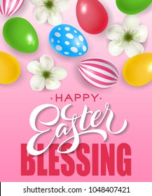 Happy Easter blessing lettering with ornate eggs and flowers on gradient pink background. Greeting card, postcard, invitation. Easter holiday concept. Can be used for posters, leaflets and brochure