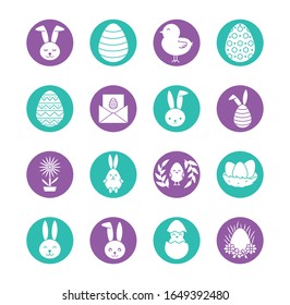Happy easter block style icon set design, Spring decoration holiday greeting ornament celebration festive season tradition and festival theme Vector illustration
