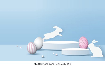 Happy Easter blue background and paper art podium display for product presentation branding and packaging presentation. studio stage with eggs and rabbit background. vector design.