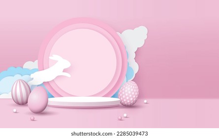 Happy Easter blue background and paper art podium display for product presentation branding and packaging presentation. studio stage with eggs and rabbit background. vector design.