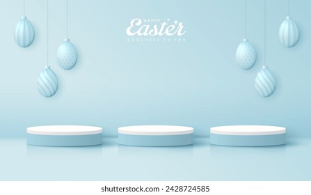Happy Easter blue background and paper art podium display for product presentation branding and packaging presentation. studio stage with eggs and rabbit background. vector design.