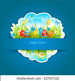 Happy Easter blue background with shadow. Space for text