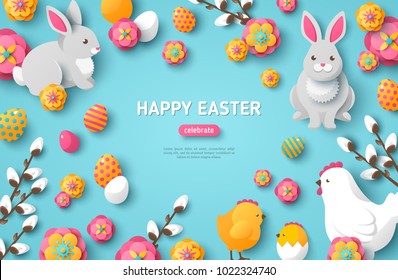 Happy Easter Blue Background. Vector Illustration. Spring Holiday Concept, place for text. Flat Icons - Chicken, Rabbit, Flowers and Eggs