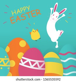 Happy Easter Blue Background. Vector Illustration. Spring Holiday Concept, place for text. Flat Icons - Chicken, Rabbit and Eggs. Easter greeting card with chick, bunny and eggs. Animal wildlife