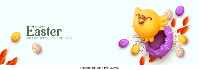 Happy Easter blue banner. Background design of realistic 3d render yellow little bird in an egg. Horizontal poster, greeting card, headers for website template. Easter holiday design