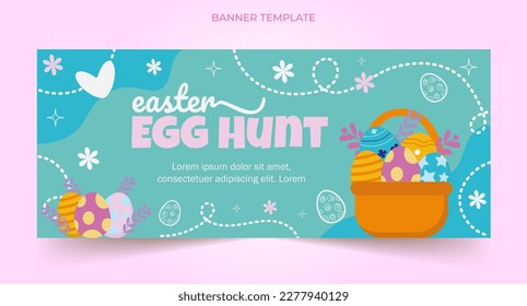 Happy Easter blue banner vector desing, holiday background, egg hunt event, editable illustration with basket, flowers and hearts