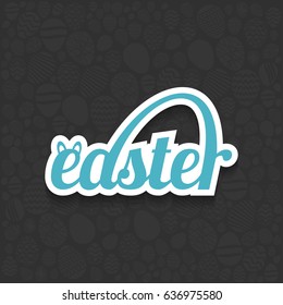 Happy Easter blue color with white outline creative typography greeting card on egg pattern black background. Vector illustration