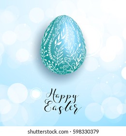 Happy easter blue egg on blurred  blue background with branches, cute, elegant design for card design, flyer,  poster, banner, voucher, web element.