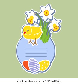 Happy Easter. Blue gift card by Easter: chicken, eggs and flowers. Grouped for easy editing. Perfect for invitations or announcements.