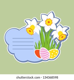 Happy Easter. Blue gift card by Easter: eggs and narcissus. Grouped for easy editing. Perfect for invitations or announcements.