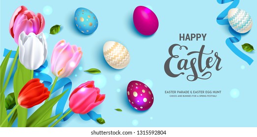 Cartel de Feliz Pascua azul. Hermoso fondo con huevos de Pascua y tulipanes de color realista. Ilustración vectorial festiva.