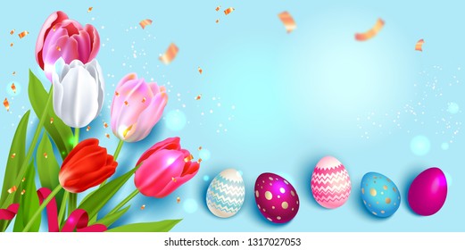 Happy Easter blue holiday banner. Beautiful background with realistic colored Easter eggs and tulips. Festive vector illustration.