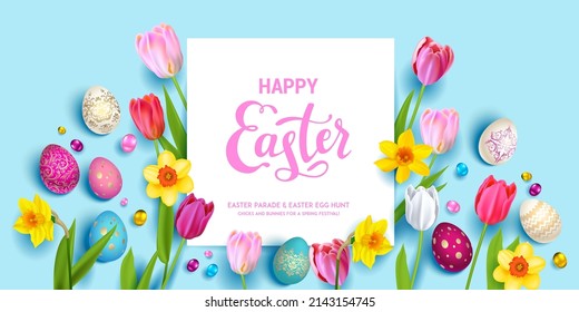 Happy Easter blue holiday banner. Beautiful background with realistic colored Easter eggs, daffodils and tulips.