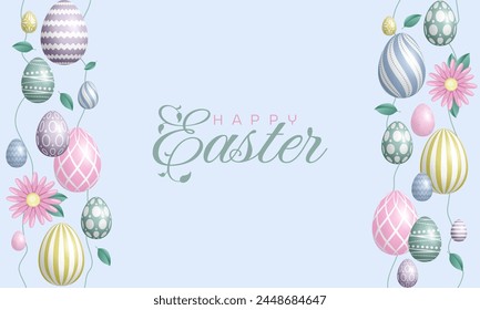 Happy Easter blue horizontal card with colorful eggs
