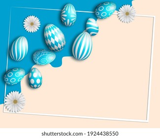 Feliz tarjeta de invitación azul de Pascua con huevos de Pascua y flores
