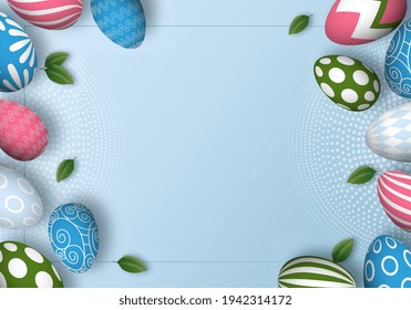 Frohe Osterblau Einladungskarte mit rosafarbenen, blauen und grünen Eiern