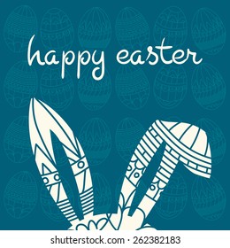 Happy Easter blue invitation with eggs and decorated ears rabbit and inscription happy easter Vector illustration eps 10