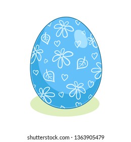 Happy easter! Blue painted easter egg.  In cartoon style. Isolated on white background. Vector illustration.
