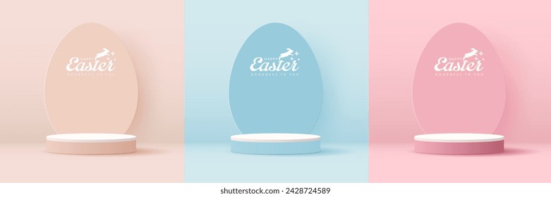 Happy Easter blue and pink background and paper art podium display for product presentation branding and packaging presentation. studio stage with eggs and rabbit background. vector design.