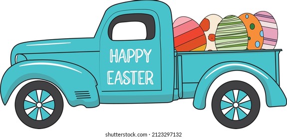 Happy Easter Blue Truck Carrying Eggs, Easter Truck Clipart, Truck With Eggs