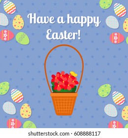 Happy Easter blue vertical greeting card with eggs. Vector illustration