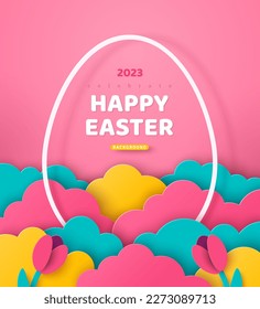 Happy Easter border. Beautiful paper cut clouds with flowers, white egg shape frame on pink background. Vector illustration. Place for text. Holiday banner, poster, brochure design template layout.