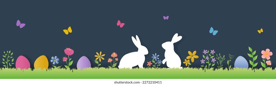 Happy Easter Border With Flower And Rabbit 
With Gradient Mesh, Vector Illustration