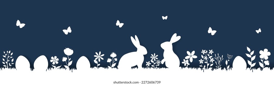 Happy Easter Border With Flower And Rabbit Blue Background
With Gradient Mesh, Vector Illustration