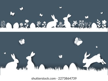 Happy Easter Border With Flower And Rabbits With Gradient Mesh, Vector Illustration
