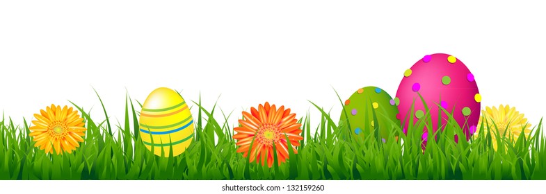 Happy Easter Border With Grass And Eggs With Gradient Mesh, Vector Illustration