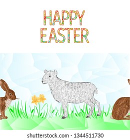 Happy easter border seamless background lamb hare with  daffodil and grass polygons vector Illustration for use in interior design greeting cards
