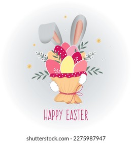 Happy easter. Bouquet of easter eggs, flowers with rabbit ears on grey and white background. 