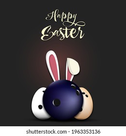 Happy Easter. Bowling ball with ears rabbit. Easter eggs decorated in the form of a bowling ball on an isolated background. Pattern for greeting card, banner, poster, invitation. Vector illustration