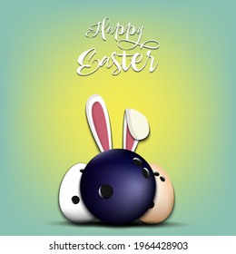 Happy Easter. Bowling ball with ears rabbit. Easter eggs decorated in the form of a bowling ball on an isolated background. Pattern for greeting card, banner, poster, invitation. Vector illustration