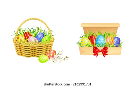 Happy Easter. Box and wicker nest full of decorated Easter eggs cartoon vector illustration