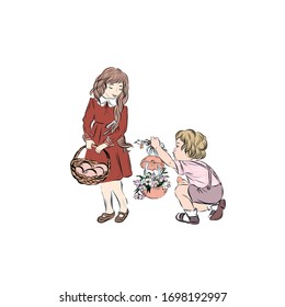 Happy Easter. Boy gives girl easter egg decorated with a bouquet of lilies and willow branches. 