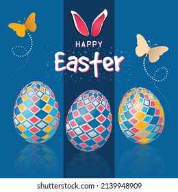 Happy Easter Bright Colorful Greeting Card Design. Butterflies, bunny ears, and colorful pattern design eggs square banner vector illustration. Spring Festival Holiday theme graphic.
