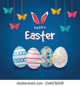 Happy Easter Bright Colorful Greeting Card Design. Hanging Butterflies decoration, bunny ears, and colorful pattern design eggs square banner vector illustration. Spring Festival Holiday theme graphic