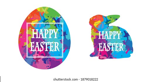 
happy easter bright colorful splash elements. rainbow egg and bunny. vector illustration