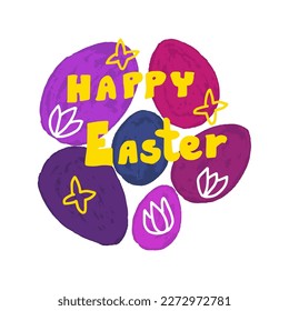 Fröhliche, helle und farbenfrohe Osterkarte mit Eiern und Handschrift. 