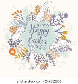 Happy Easter - bright concept card in vector. Romantic background in cartoon style with cute bee and spring flowers