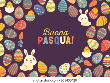 Happy Easter Bright Design Card. Easter Bunny and Painted Eggs. Greeting Card. Italian Text