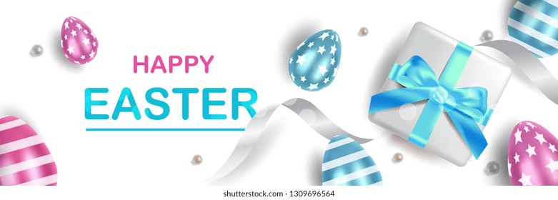 Happy Easter bright design with colored Easter eggs. Happy Easter typography vector design for greeting cards and poster. Design template celebration. Vector illustration.