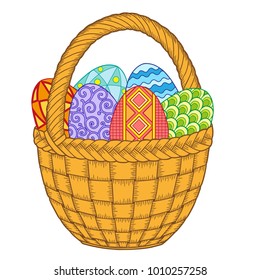 Happy Easter. Bright Easter Eggs in the basket isolated on white background. Vector isolated elements