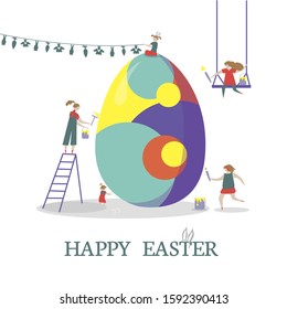 Happy easter. bright multi-colored Easter egg is painted by women, girls on swing, stepladder. cute card, banner, print. Vector illustration