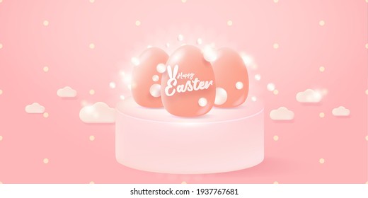 Feliz Pascua Banner horizontal brillante rosa con un suave huevo 3d realista sobre fondo rosa pastel. Ilustración vectorial del concepto de la Semana Santa de arcilla suave 3d estilo feliz. Felices antecedentes de Semana Santa