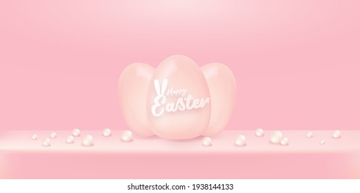 Happy Easter bright pink horizontal banner with soft 3d realistic egg on pastel pink background. Soft clay 3d style happy easter concept vector illustration. Happy easter background