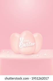 Happy Osterhellrosa vertikales Banner mit weichem 3D-realistischem Ei auf pastellrosa Hintergrund. Weicher Ton 3D-Stil Happy Osterkonzept Vektorgrafik. Fröhlicher Osterhintergrund